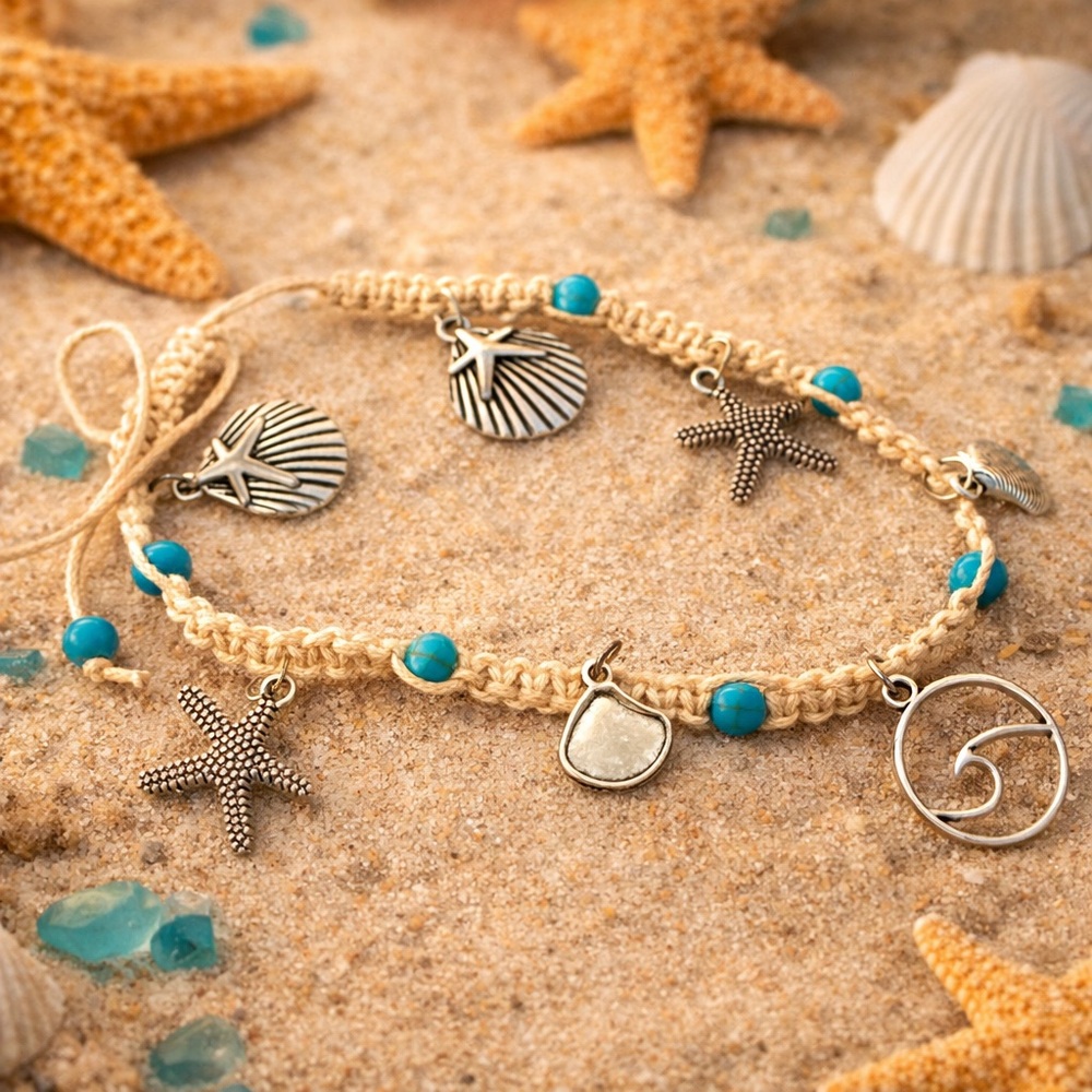 Beach Charm Ankle Bracelet with Turquoise Accents